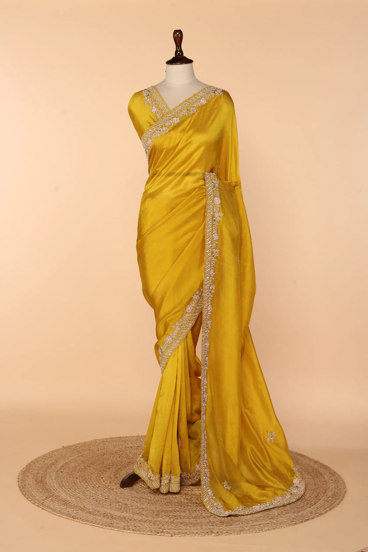 Yellow Abutai Silk Saree with Zardosi, Sequin, French Knot & Moti Work