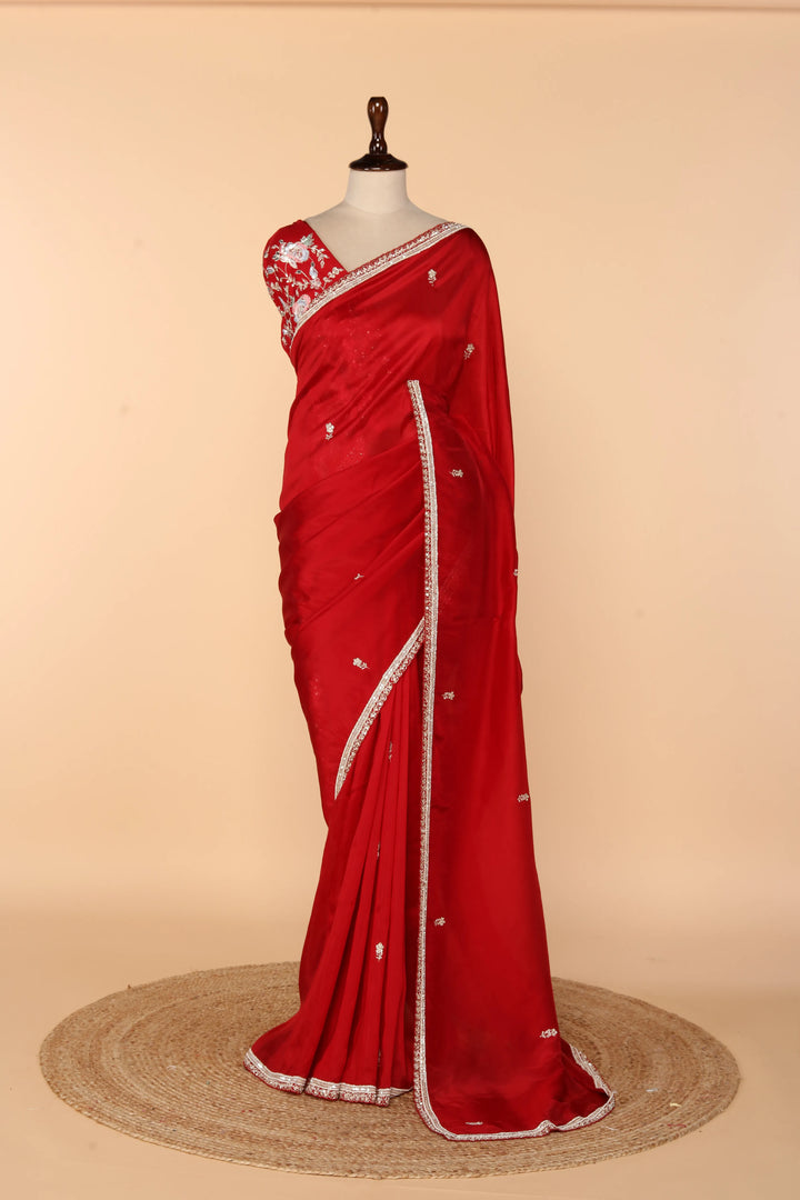 Red Abutai Silk Saree with Pearl, Pita & Cutdana Work