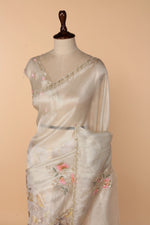 Load image into Gallery viewer, Off-White Half Tissue Half Barso Saree with 3D Sequin &amp; Bead Detailing
