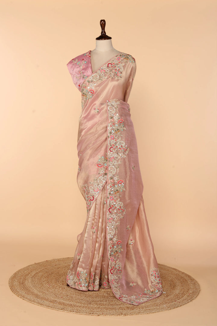 Powder Pink Banarasi Organza Saree with Multicolour Thread, Dori & Sequin Work