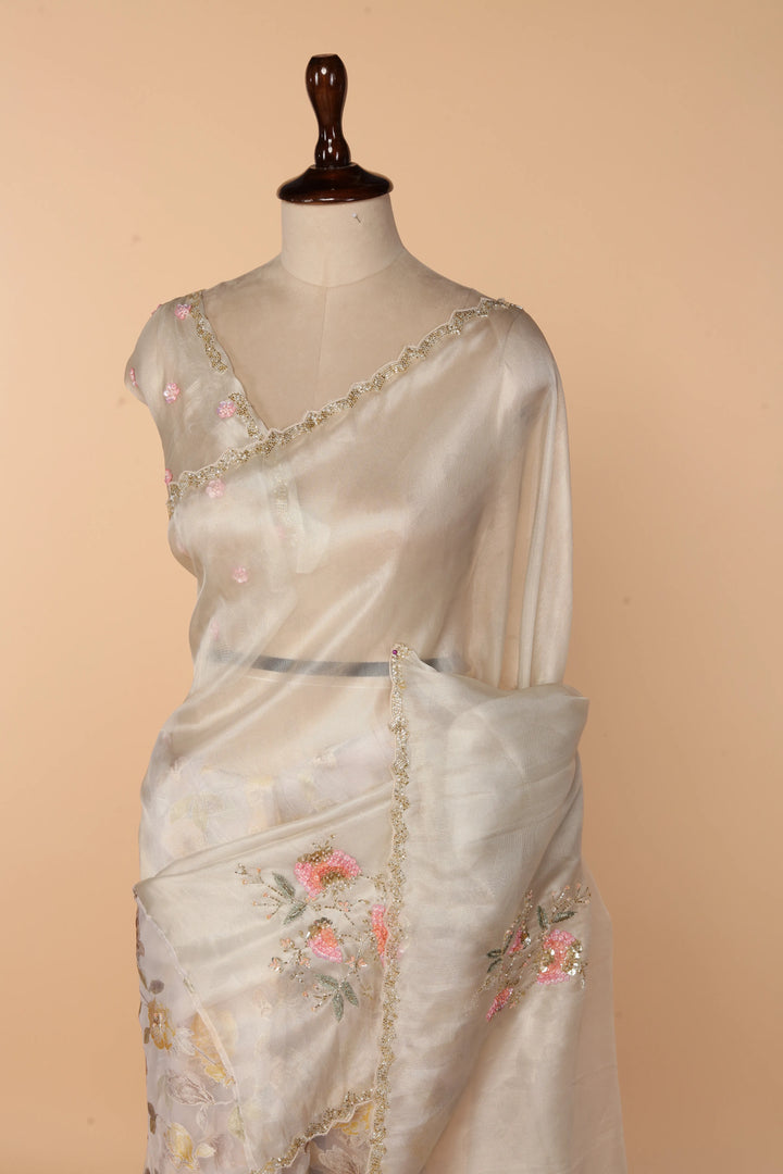 Off-White Half Tissue Half Barso Saree with 3D Sequin & Bead Detailing