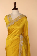 Load image into Gallery viewer, Yellow Abutai Silk Saree with Zardosi, Sequin, French Knot &amp; Moti Work
