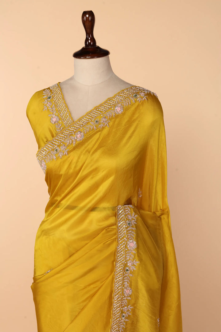 Yellow Abutai Silk Saree with Zardosi, Sequin, French Knot & Moti Work
