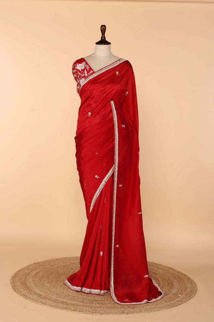 Red Abutai Silk Saree with Pearl, Pita & Cutdana Work