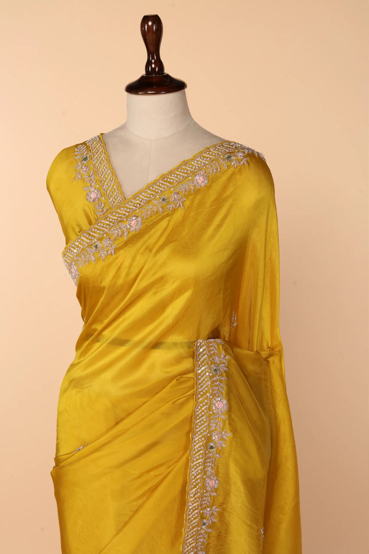 Yellow Abutai Silk Saree with Zardosi, Sequin, French Knot & Moti Work