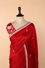 Load image into Gallery viewer, Red Abutai Silk Saree with Pearl, Pita &amp; Cutdana Work
