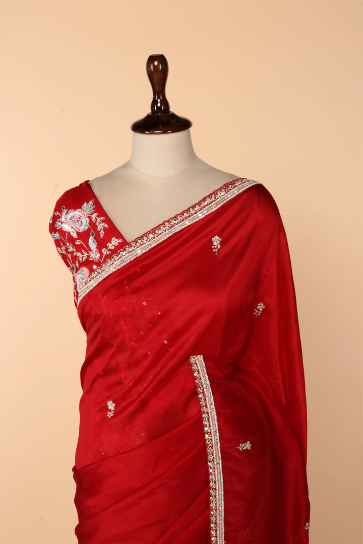Red Abutai Silk Saree with Pearl, Pita & Cutdana Work