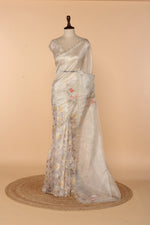Load image into Gallery viewer, Off-White Half Tissue Half Barso Saree with 3D Sequin &amp; Bead Detailing
