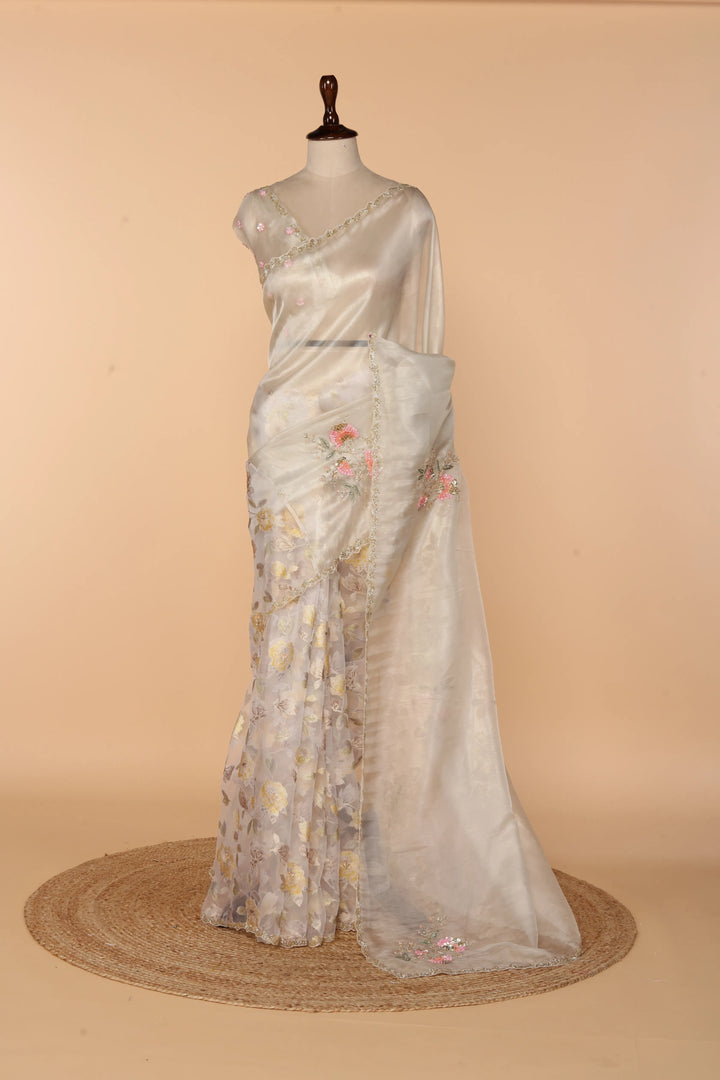 Off-White Half Tissue Half Barso Saree with 3D Sequin & Bead Detailing