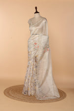 Load image into Gallery viewer, Off-White Half Tissue Half Barso Saree with 3D Sequin &amp; Bead Detailing
