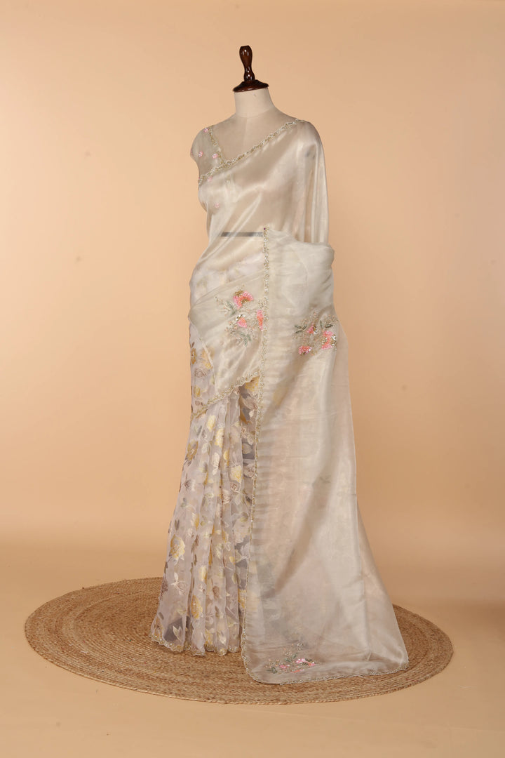 Off-White Half Tissue Half Barso Saree with 3D Sequin & Bead Detailing