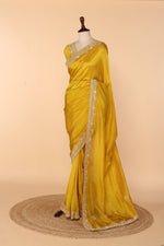 Load image into Gallery viewer, Yellow Abutai Silk Saree with Zardosi, Sequin, French Knot &amp; Moti Work
