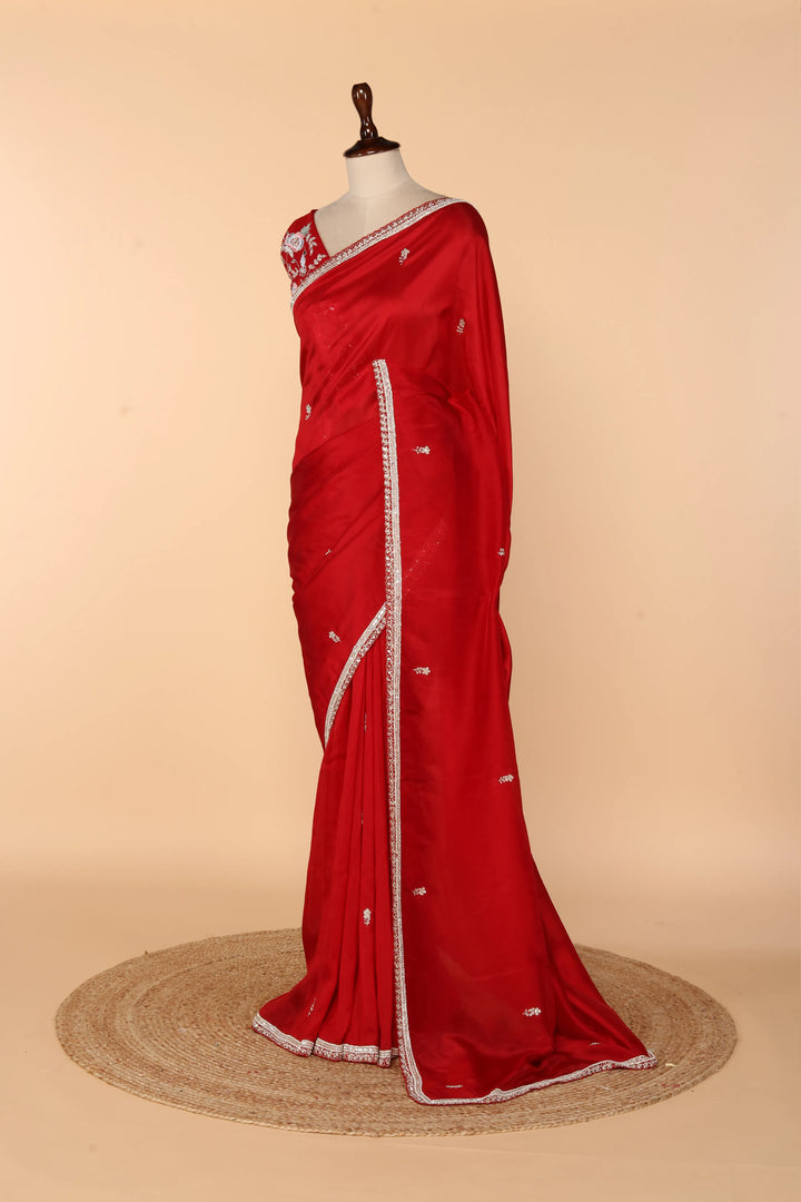 Red Abutai Silk Saree with Pearl, Pita & Cutdana Work
