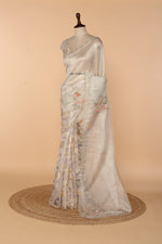 Load image into Gallery viewer, Off-White Half Tissue Half Barso Saree with 3D Sequin &amp; Bead Detailing
