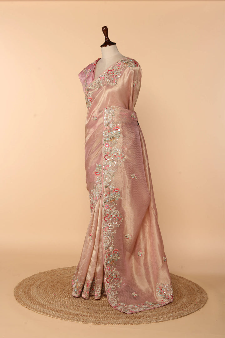 Powder Pink Banarasi Organza Saree with Multicolour Thread, Dori & Sequin Work