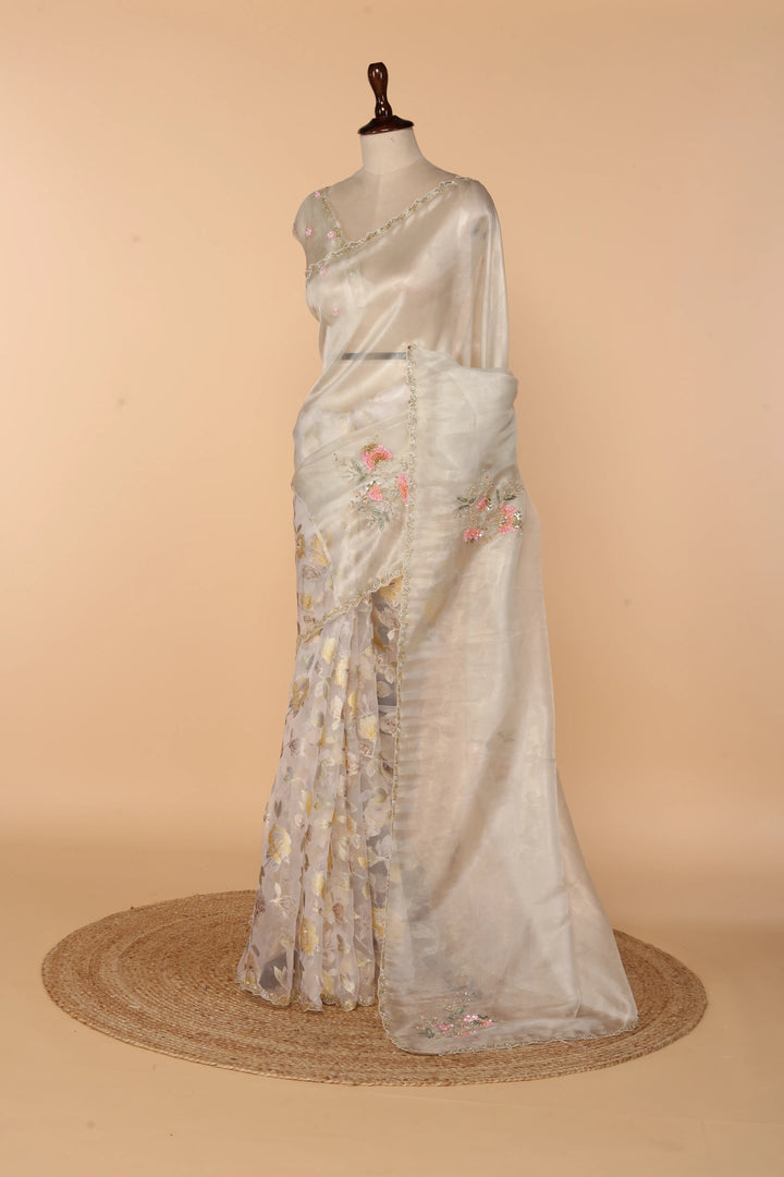 Off-White Half Tissue Half Barso Saree with 3D Sequin & Bead Detailing