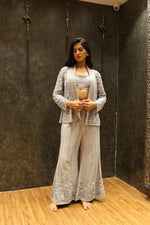 Load image into Gallery viewer, Grey Indowestern Set with Wire Beading, Kardana, Sequin &amp; Moti Work
