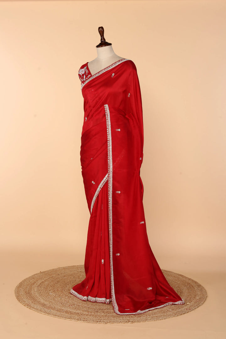 Red Abutai Silk Saree with Pearl, Pita & Cutdana Work