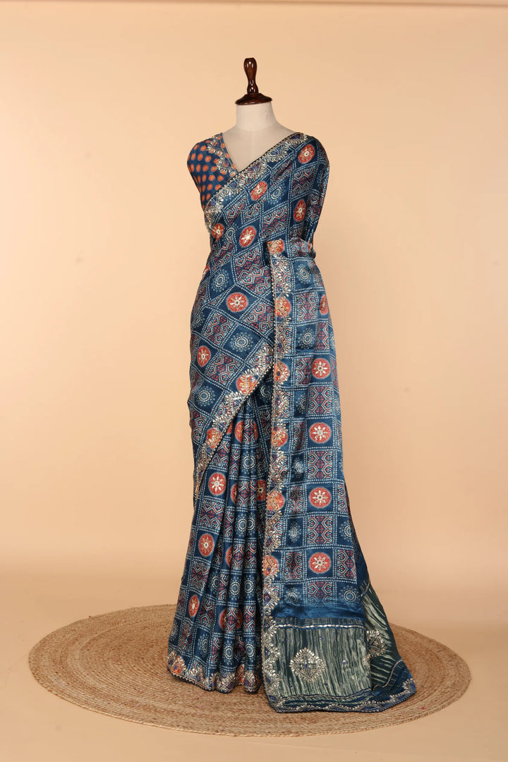 Blue Gaji Silk Saree with Lagdi Patta, Ajrak Print & Gota Patti, Aari-Tari & Abla Work