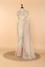 Load image into Gallery viewer, Gold &amp; Light Pink Ombre Crushed Tissue Saree with Beads, Sequin, Resham &amp; Stone Work
