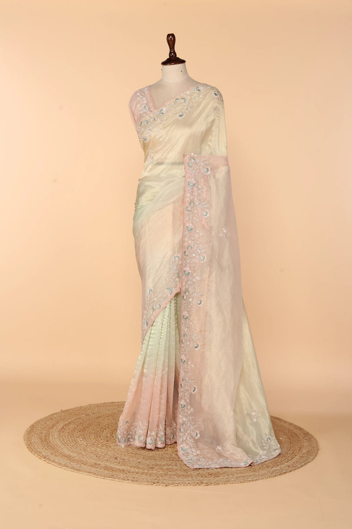 Gold & Light Pink Ombre Crushed Tissue Saree with Beads, Sequin, Resham & Stone Work