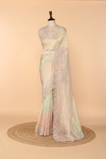 Load image into Gallery viewer, Gold &amp; Light Pink Ombre Crushed Tissue Saree with Beads, Sequin, Resham &amp; Stone Work
