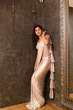 Load image into Gallery viewer, Draped Lycra Saree with Corset Blouse &amp; Pearl, Mirror, Kardana Work
