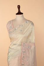 Load image into Gallery viewer, Gold &amp; Light Pink Ombre Crushed Tissue Saree with Beads, Sequin, Resham &amp; Stone Work
