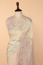 Load image into Gallery viewer, Gold &amp; Light Pink Ombre Crushed Tissue Saree with Beads, Sequin, Resham &amp; Stone Work
