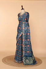 Load image into Gallery viewer, Blue Gaji Silk Saree with Lagdi Patta, Ajrak Print &amp; Gota Patti, Aari-Tari &amp; Abla Work

