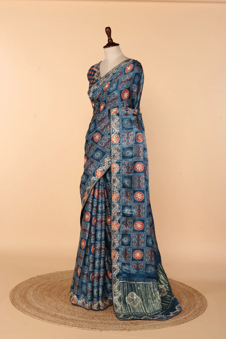 Blue Gaji Silk Saree with Lagdi Patta, Ajrak Print & Gota Patti, Aari-Tari & Abla Work