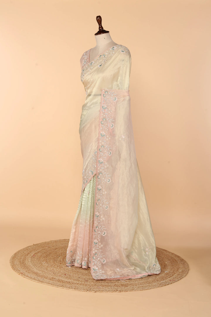 Gold & Light Pink Ombre Crushed Tissue Saree with Beads, Sequin, Resham & Stone Work