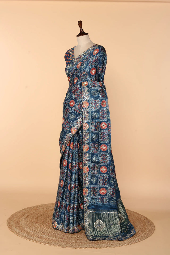 Blue Gaji Silk Saree with Lagdi Patta, Ajrak Print & Gota Patti, Aari-Tari & Abla Work
