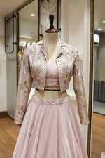 Load image into Gallery viewer, Sequined Jacket &amp; Bust Indowestern Set with Banarasi Weaving Skirt
