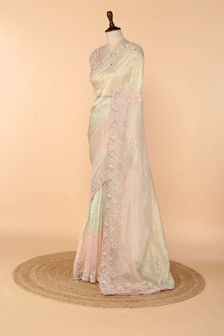 Gold & Light Pink Ombre Crushed Tissue Saree with Beads, Sequin, Resham & Stone Work