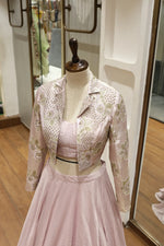 Load image into Gallery viewer, Sequined Jacket &amp; Bust Indowestern Set with Banarasi Weaving Skirt
