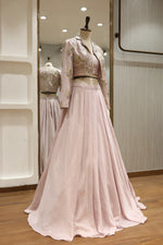 Load image into Gallery viewer, Sequined Jacket &amp; Bust Indowestern Set with Banarasi Weaving Skirt
