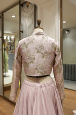 Load image into Gallery viewer, Sequined Jacket &amp; Bust Indowestern Set with Banarasi Weaving Skirt
