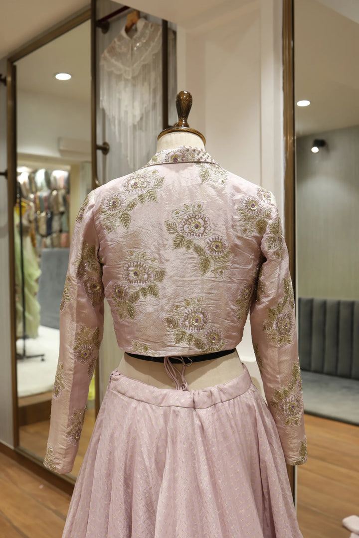 Sequined Jacket & Bust Indowestern Set with Banarasi Weaving Skirt