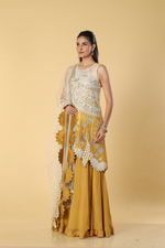 Load image into Gallery viewer, Ombrae mustard beige dola silk pearl embroiderd kurti paired with georgeette organza palazoo with beige net dpt
