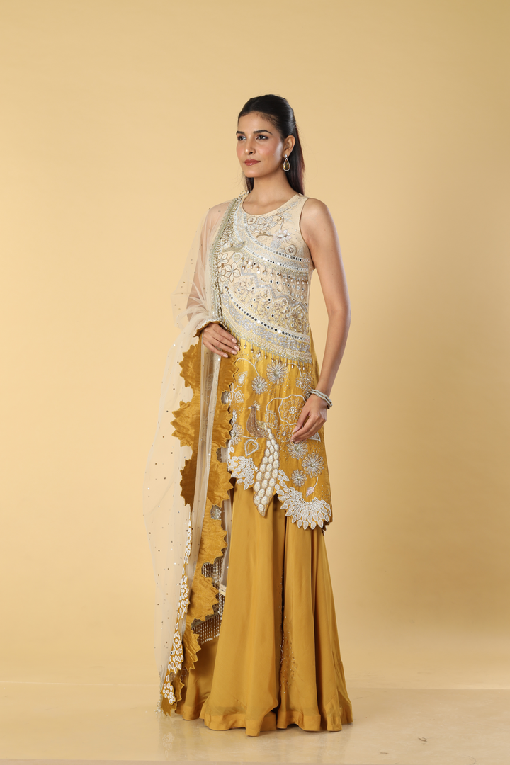 Ombrae mustard beige dola silk pearl embroiderd kurti paired with georgeette organza palazoo with beige net dpt