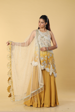 Load image into Gallery viewer, Ombrae mustard beige dola silk pearl embroiderd kurti paired with georgeette organza palazoo with beige net dpt
