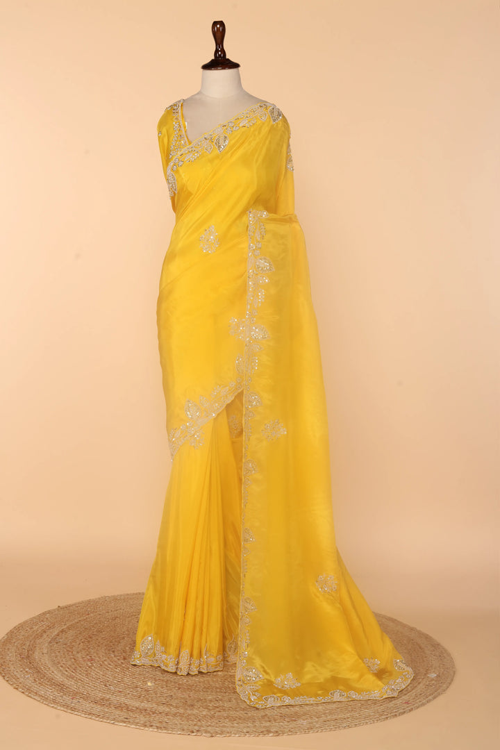 Yellow Abutai Silk Saree with Zardosi, Sequin & Bead Work