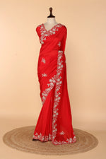 Load image into Gallery viewer, Coral Pink Abutai Silk Saree with Bead, Pearl &amp; Sequin Work
