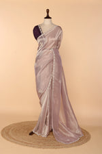 Load image into Gallery viewer, Light Purple Banarasi Tissue Saree with Stone &amp; Bead Border
