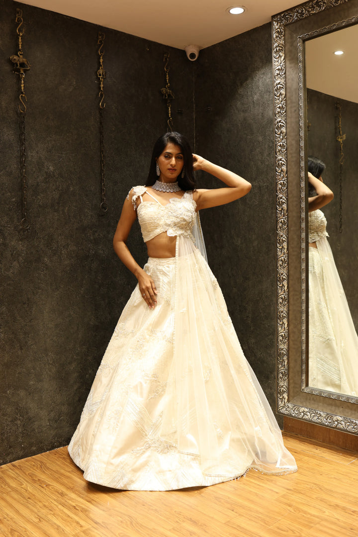 Ivory Appliqué & Kardana Indowestern Set with One-Side Sleeve