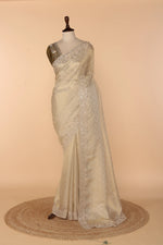 Load image into Gallery viewer, Beige Banarasi Saree with Sequence, Multicolour Beads &amp; Mirror Work
