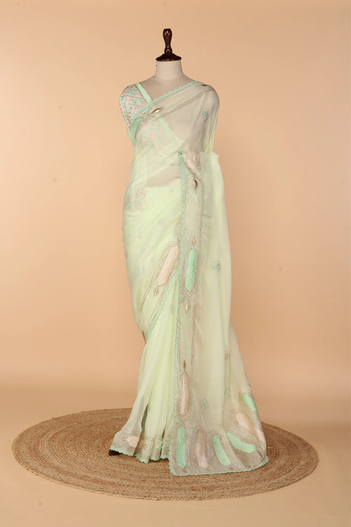 Mint Green Georgette Organza Saree with Lace, Gota Dori & Appliqué Resham Work
