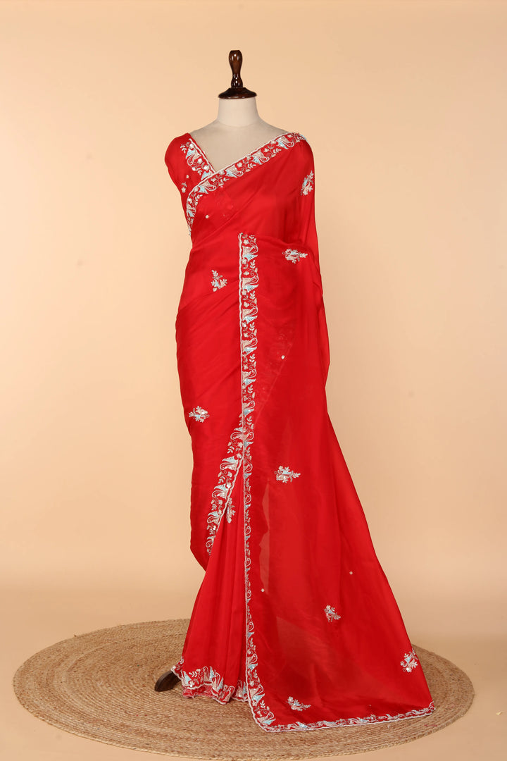 Red Abutai Silk Saree with Pita & Sequin Work