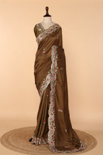 Load image into Gallery viewer, Earthy Brown Dola Silk Saree with Pita &amp; Resham Work
